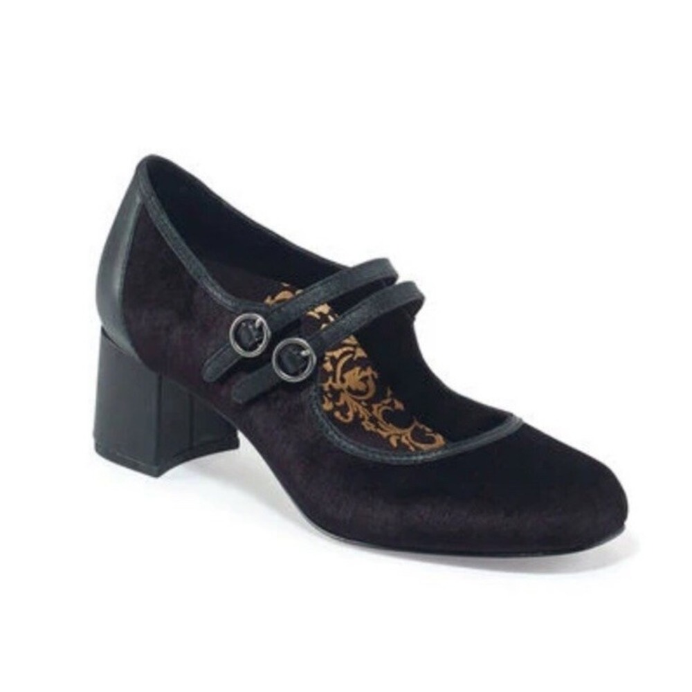AETREX Simone Mary Jane Heels Size 7.5 Suede‎ Black Strappy Pumps Goth Academia